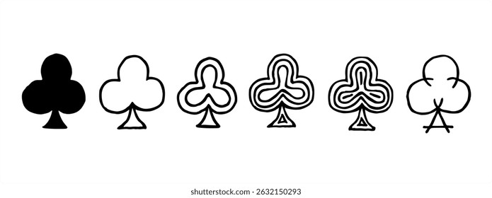 6 handmade icons of clubs for a poker card game. Pen and ink. Different lines inside of the clubs, and a construction version as well.