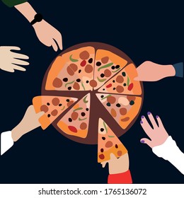 6 hands reach for a slice of pizza.Fresh pizza with tomatoes, cheese, olives,sausage, onions, Basil. Traditional 