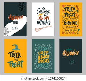 6 Happy Halloween vector lettering set. Holiday calligraphy and web for banner, poster, greeting card, party invitation. Isolated illustration.