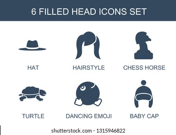 6 head icons. Trendy head icons white background. Included filled icons such as hat, hairstyle, chess horse, turtle, dancing emoji, baby cap. head icon for web and mobile.