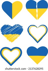 6 heart shaped icons with Ukraine flag in watercolor, outline style and broken shape . can be used for slogans and banners to support Ukraine and stop the war