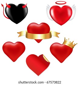 6 Hearts, With Tape, Crown, In Form Of Chocolate, Angel And Demon, Vector Illustration