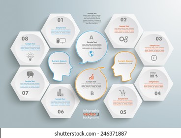 6 hexagons with 2 heads and speech bubbles wheels on the gray background. Eps 10 vector file.