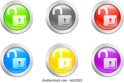 6 botones de alta definición. Botón Padlock-open.  Ilustración vectorial.
