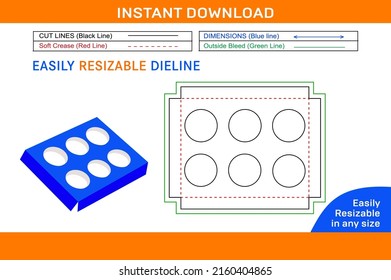 6 hole insert cupcake boxes, Unique 6 hole insert box Dieline template