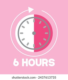 6 Hours pink clock. Time marker with clockwise arrow. Design remaining time