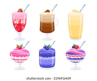 6 Ice cream desserts set in a glass with a spoon. Strawberry ice cream, chocolate, banana, blueberry, blackberry, raspberry, cherry. Red, purple, pink, brown and yellow creams.