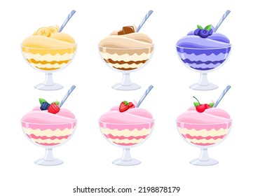 6 Ice cream desserts set in a glass bowl with a spoon. Strawberry ice cream, chocolate, banana, blueberry, blackberry, raspberry, cherry. Red, purple, pink, brown and yellow creams. Isolated on white