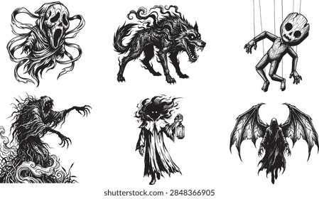 6 Icon Set Featuring Screaming Phantom, Fiery Werewolf, Creepy Puppet Doll, Death Spectre, Cloaked Pilgrim with Lantern, and Winged Shadow Reaper