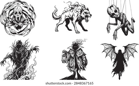 6 Icon Set Featuring Screaming Ghost, Snarling Hellhound, Creepy Marionette Puppet, Shadow Wraith, Hooded Lantern Bearer, and Winged Vampire Demon