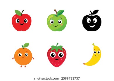 6 Icons set of cartoon style fruits vector, funny fruits