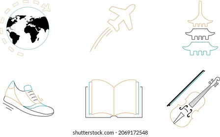 6 icons that show hobbies illustrated for people who like to travel, Asia, doing sports, reading and playing violin or other instrument