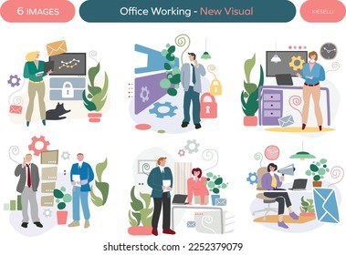 6 images set office working, people, objects and fantasy. Trendy colors and characters