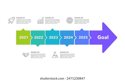 6 wichtige geschäftliche Veranstaltungen Arrow Infographic Design Vorlage. Timeline, Milestone, Report und Business Presentation. Vektorillustration.