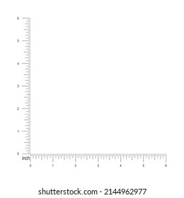 6 inch corner ruler scale. Measuring tool template with vertical and horizontal lines with inches fractions markup and numbers isolated on white background. Vector outline illustration