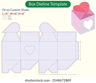 6 inch square auto lock box heard shape flap Dieline Template. Design Editable Vectoe File