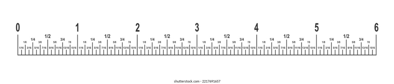 6 inches ruler scale with fractions. Unit of length in imperial system of measurement Math or geometric tool with markup and numbers isolated on white background. Vector outline illustration