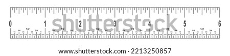 6 inches ruler scale with fractions. Math or geometric tool for distance, height or length measurement with markup and numbers isolated on white background. Vector outline illustration