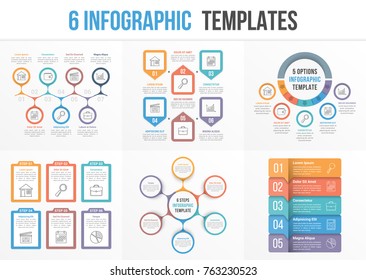 6 Infographic templates - workflow, process diagrams, steps options, circle infographics, vector eps10 illustration