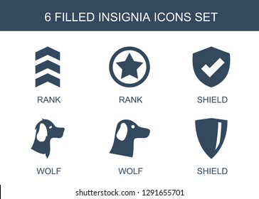 6 insignia icons. Trendy insignia icons white background. Included filled icons such as rank, shield, wolf. insignia icon for web and mobile.