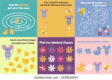 6 interesting tasks for preschoolers. Games for kindergarten. Find the differences, compare, connect, match, maze. A set of tasks for children. Cute characters. Educational activity pages for kids.