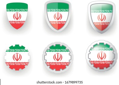 6 Iran vector icons button shield and gear, flat and volumetric style in flag colors green, red, white for flyer any holiday design or poster