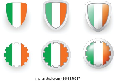 6 Ireland vector icons button shield and gear, flat and volumetric style in flag colors green, orange, white for flyer any holiday design or poster