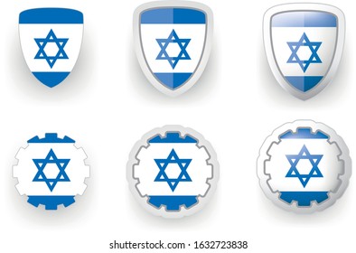 6 Israel vector icons - button shield and gear, flat and volumetric style in flag colors blue, white for flyer any holiday design or poster
