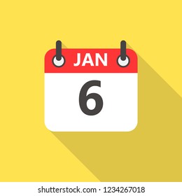 6 january calendar flat style icon with long shadow.