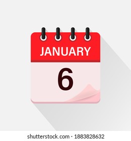 6 January. Calendar icon with shadow. Day, month. Flat vector illustration.