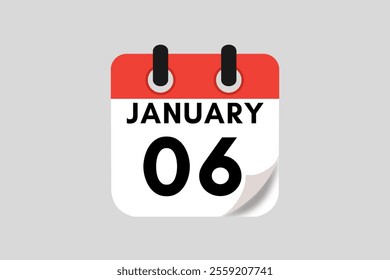 6 January calendar icon text page monthly web design on red, white, black and ash background vector, icon, or illustration with the month of January 6