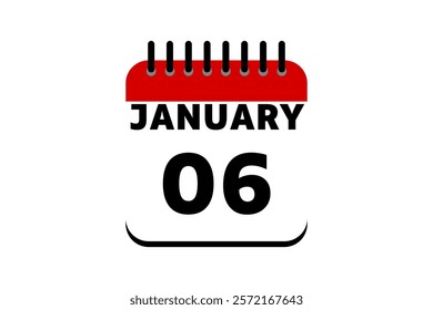 6 January calendar icon text page monthly web design on red, black and white background vector, icon, or illustration with the month of January 6