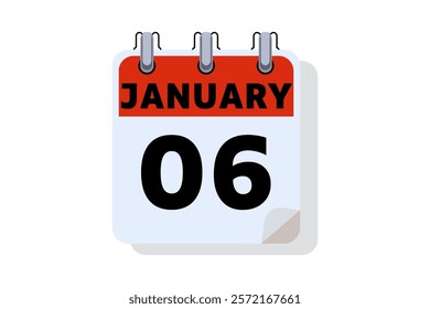 6 January calendar icon text page monthly web design on red, black and white background vector, icon, or illustration with the month of January 6