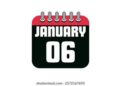 6 January calendar icon text page monthly web design on red, black and white background vector, icon, or illustration with the month of January 6