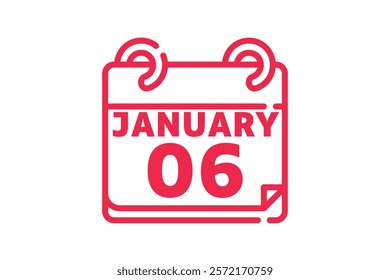 6 January calendar icon text page monthly web design on red and white background vector, icon, or illustration with the month of January 6