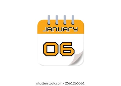 6 January month single day vector, illustration, calendar with yellow, black and white color background calendar January 6