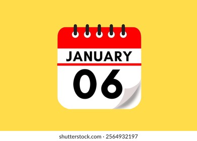 6 January month single day vector, illustration, calendar with rose red, black and off-white color background calendar January 6