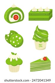 6 japanese desserts with matcha tea. Vector illustrations of oriental green desserts with matcha tea