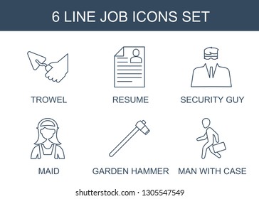 6 job icons. Trendy job icons white background. Included line icons such as trowel, resume, security guy, maid, garden hammer, man with case. job icon for web and mobile.