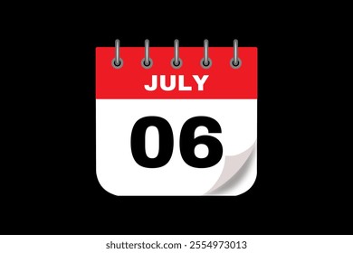 6 July calendar icon text page monthly web design on red, white and black background vector, icon, or illustration with the month of July 6