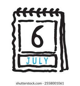 6 July date calendar - A simple yet elegant line art illustration of a date calendar captures the essence of organization and timekeeping. The clean lines and minimalistic design 