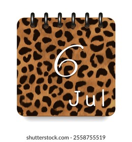 6 July. Leopard print calendar daily icon. White letters. Date day week Sunday, Monday, Tuesday, Wednesday, Thursday, Friday, Saturday.