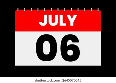 6 july month single day vector, illustration, calendar with red, off-white and black color background calendar icon of july 6