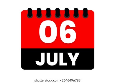 6 july month single day vector, illustration, calendar with red, black and white color background calendar icon of july 6