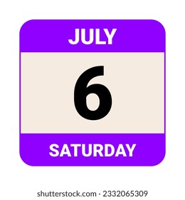 6 July, Saturday. Date template. Useful design for calendar or event promotion. Vector illustration EPS 10 File. Isolated on white background. 