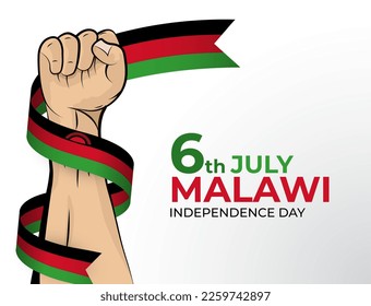 6 July. Vector illustration of Happy Independence Day greeting card for the country of Malawi with clenched fists and a flag ribbon. Use for banners on a white background.