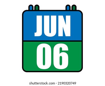 6 June calendar. Blue and green calendar page for June days. Vector isolated on white background.
