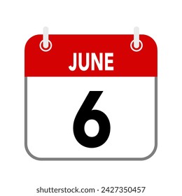 6 June, calendar date icon on white background.
