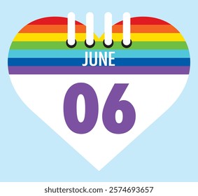 6 June calendar icon pride color heart shape on light sky blue color background, calendar vector symbol for the month of  June.