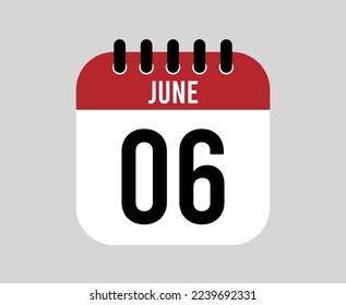 6 June calendar icon. Red calendar page vector for June days and weeks